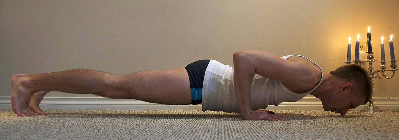 A person in Four-Limbed Staff Pose, elbows bent close to the ribs above the floor