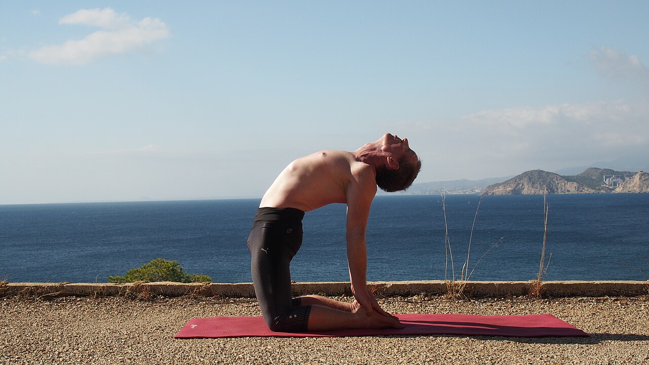 A person kneeling in Camel Pose with the chest open and hands reaching back toward the heels